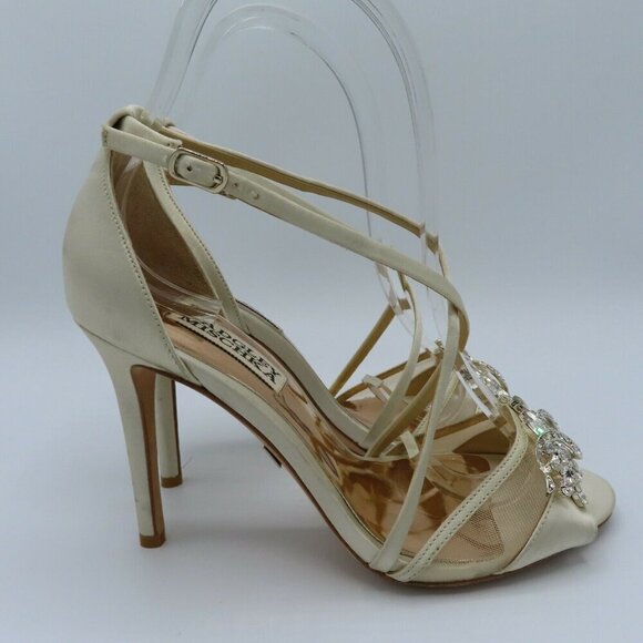 Badgley Mischka Womens 6 Ivory Rhinestone Prom Wedding Strappy Open Toe Heels - Picture 5 of 11